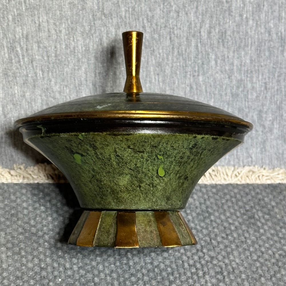 Vintage Mid Century Modern Brass Verdigris Trinket Dish Lid Made in Israel MCM